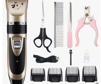 Pet grooming tool set with electric clipper, scissors, comb, and other accessories on a white background.