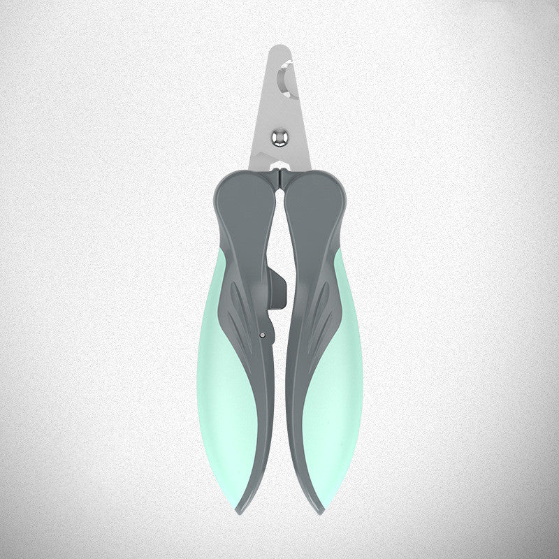 Pair of gray and green pet nail clippers on a light gray background