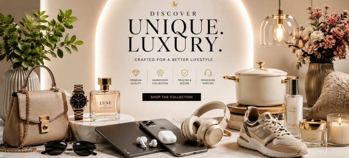 A luxury lifestyle promotional banner featuring a beige handbag, perfume bottle, smartwatch, laptop, headphones, sneakers, sunglasses, and skincare items arranged around a glowing arch with the text 'DISCOVER UNIQUE. LUXURY.