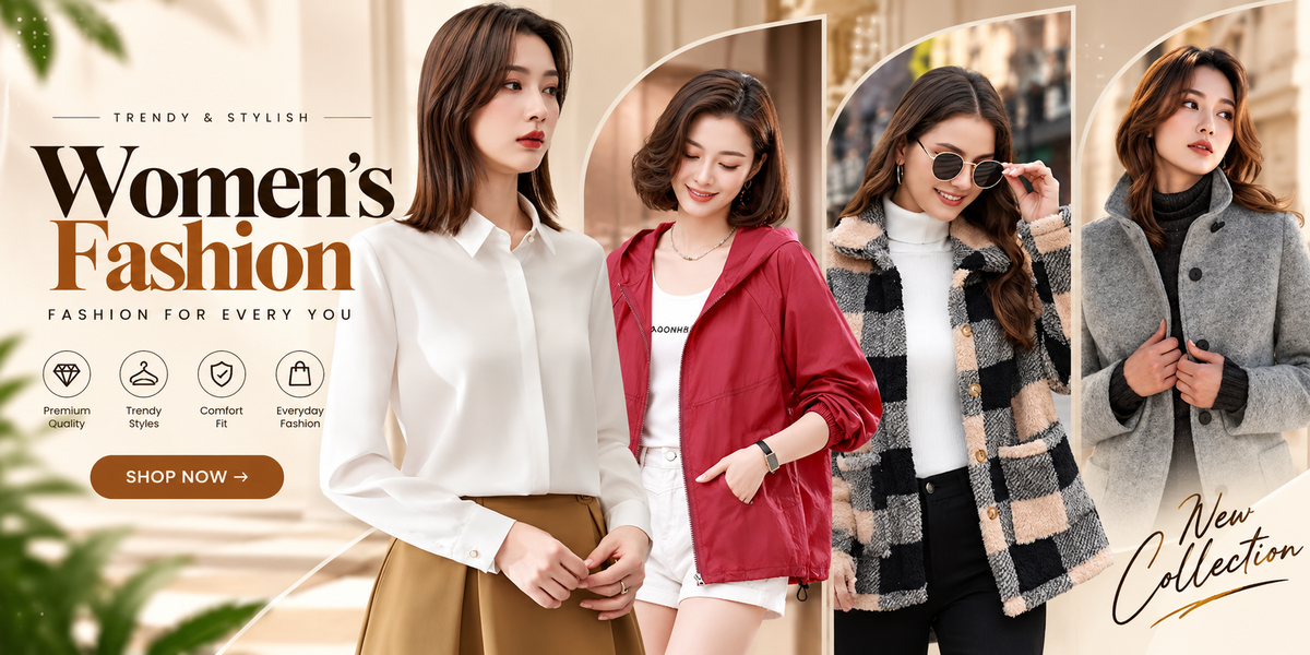 A promotional fashion banner for women's clothing featuring four models wearing different styles of apparel: a white blouse, a red jacket over a white top, a black-and-beige plaid coat, and a gray coat. Large text reads 'Women's Fashion' with 'FASHION FOR EVERY YOU' below, and 'New Collection' appears in the lower right.