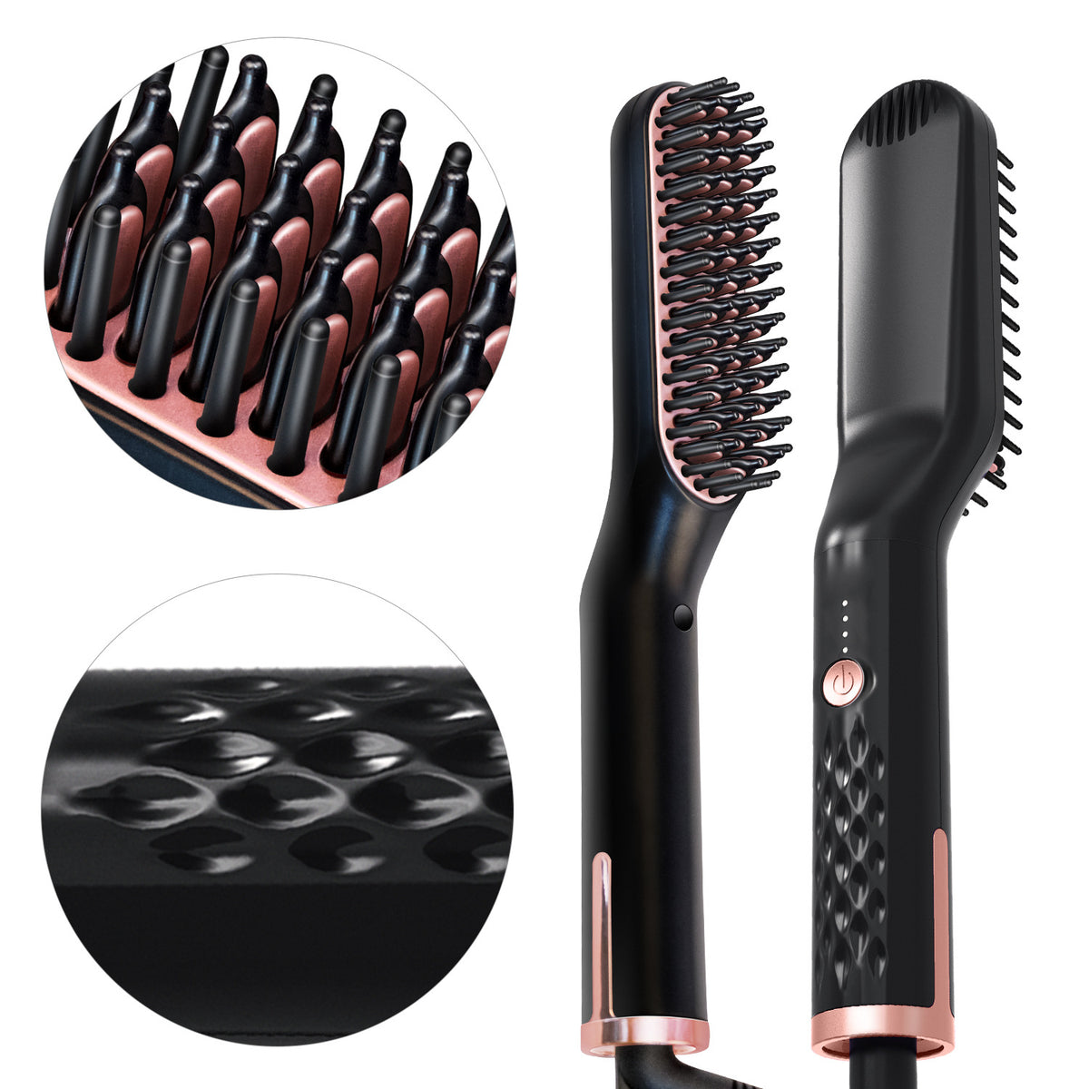 Hair straightening brush with close-up details on a white background
