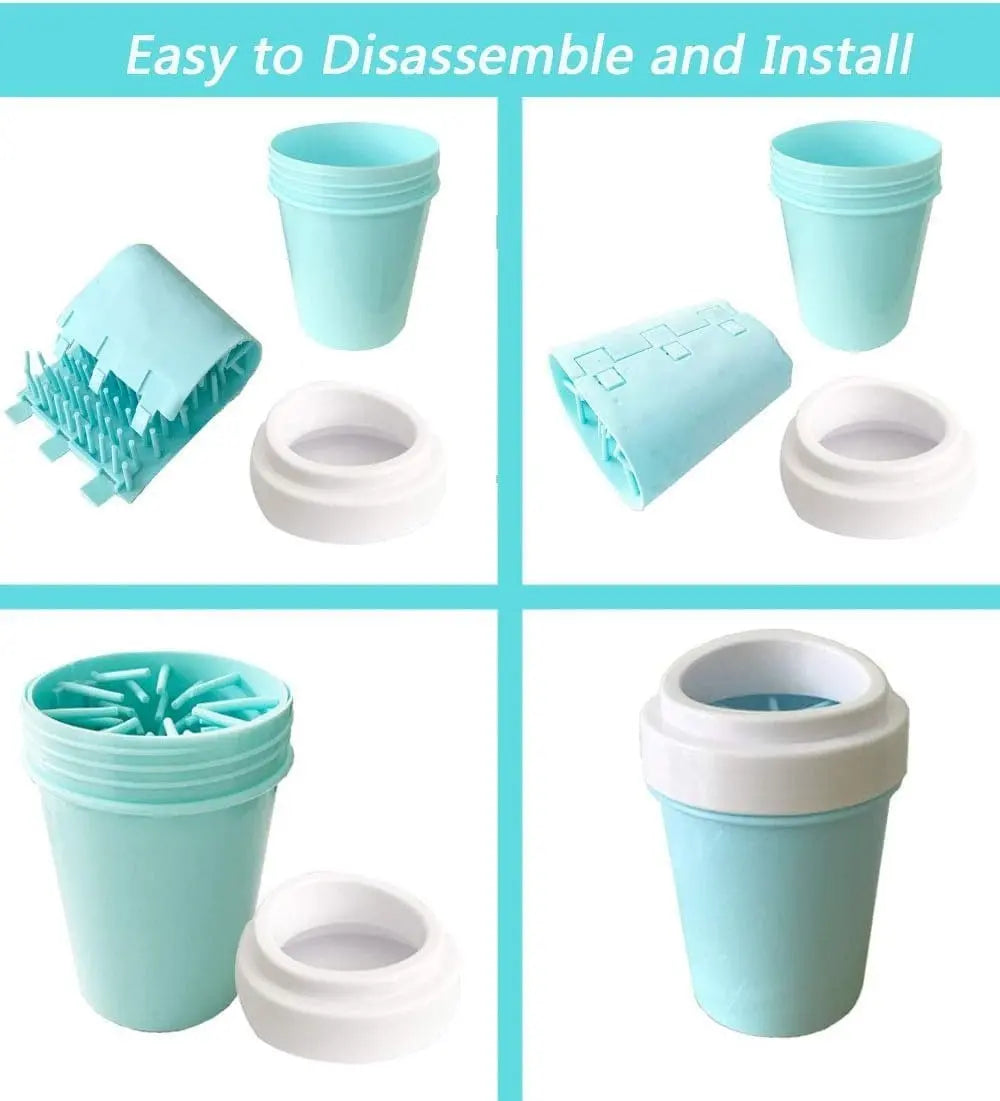 Teal and white cup with disassembly and assembly process on a blue background