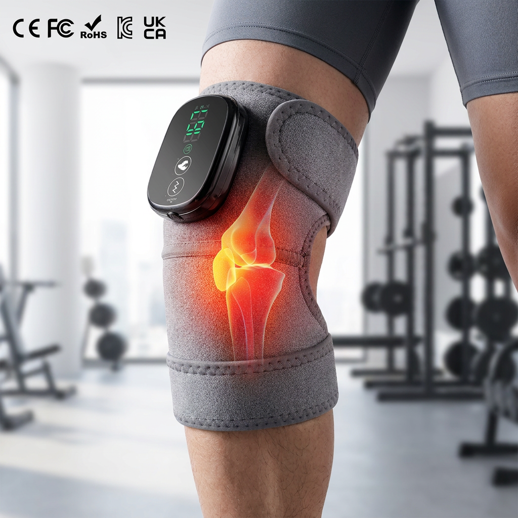A gray knee support brace with an attached black electronic controller and glowing heat graphic over a knee, shown on a person in a gym setting.