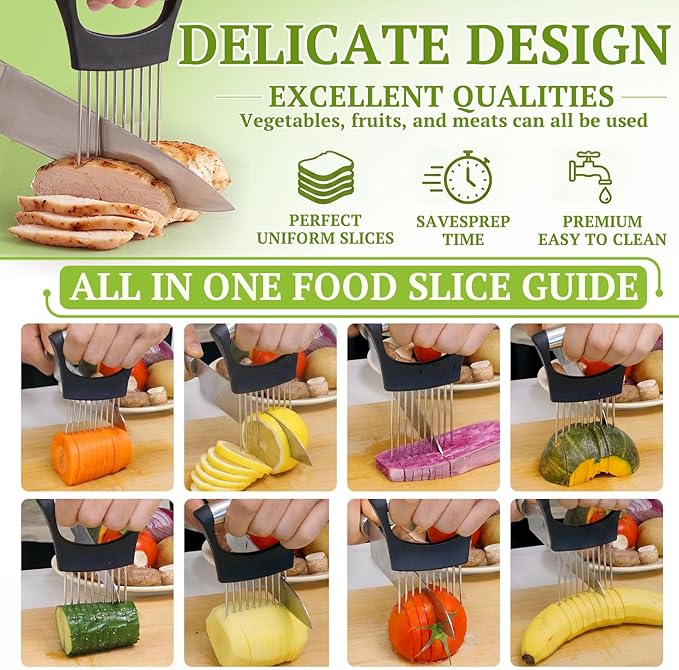 Multifunctional food slicer with images of sliced vegetables and fruits on a green background.