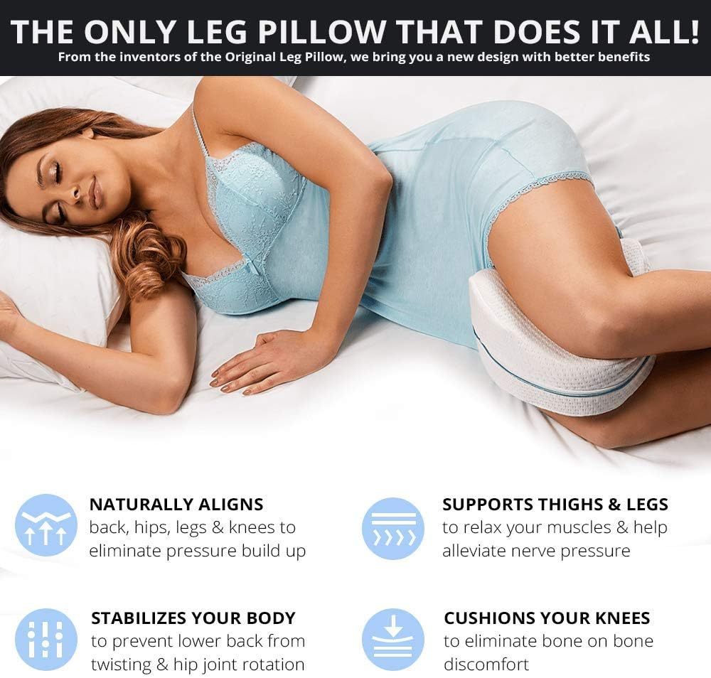 Woman lying on a bed with a leg pillow, highlighting its benefits.