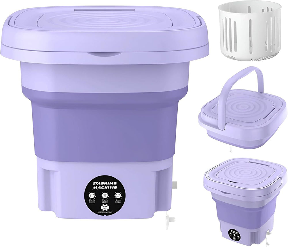 Purple portable washing machine with detachable parts on a white background