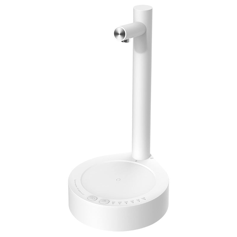 A modern white desktop lamp with a circular base, a vertical neck, and a horizontal arm ending in a metallic tip, shown on a plain white background.