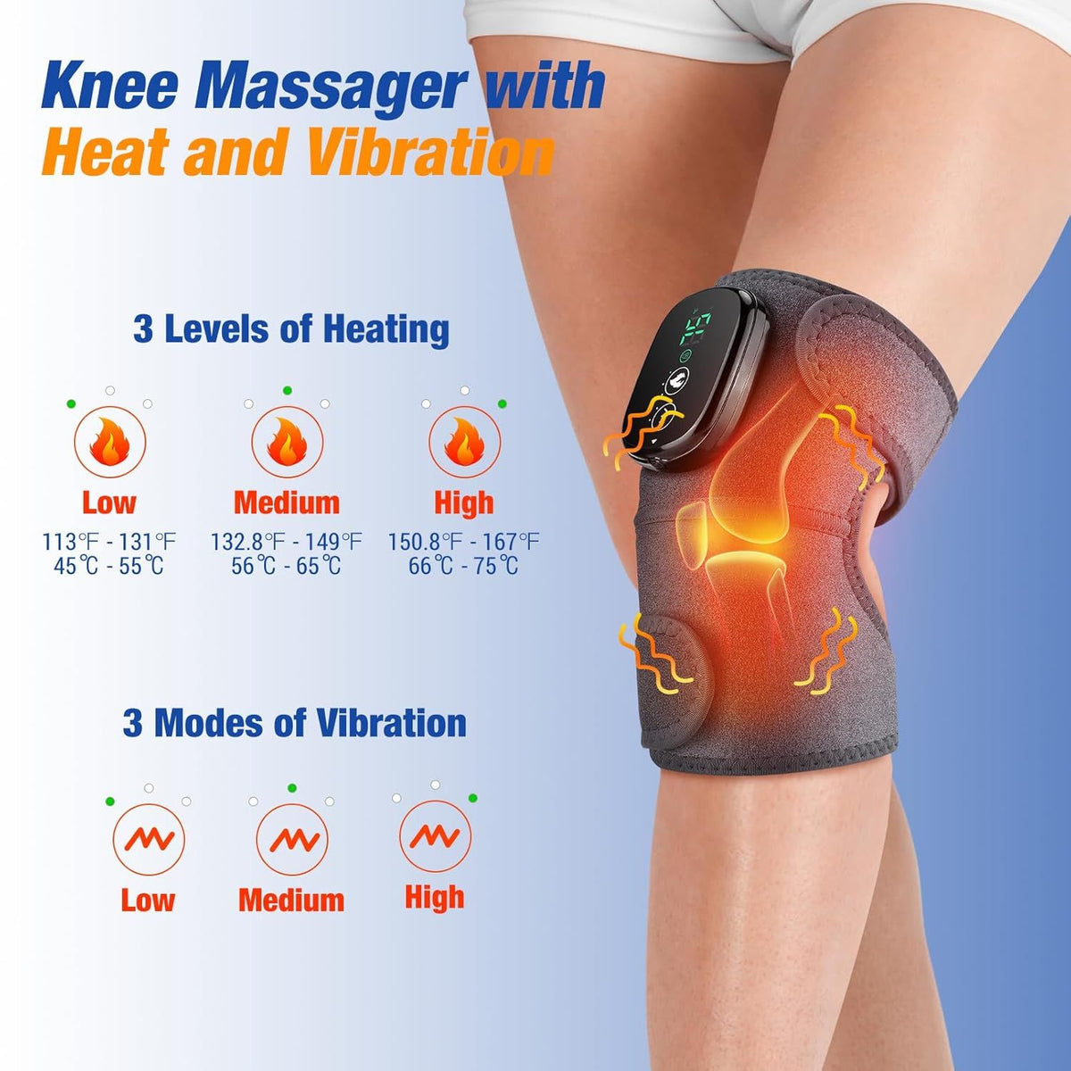 Knee massager with heat and vibration on a person&