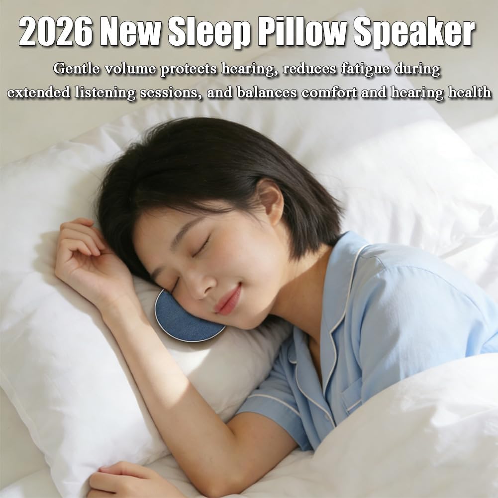 Person sleeping with a blue sleep pillow speaker on a white pillow