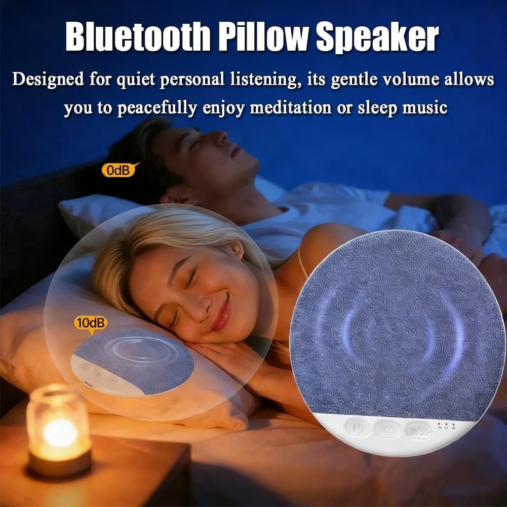 Woman sleeping with a Bluetooth pillow speaker, surrounded by calm ambiance.