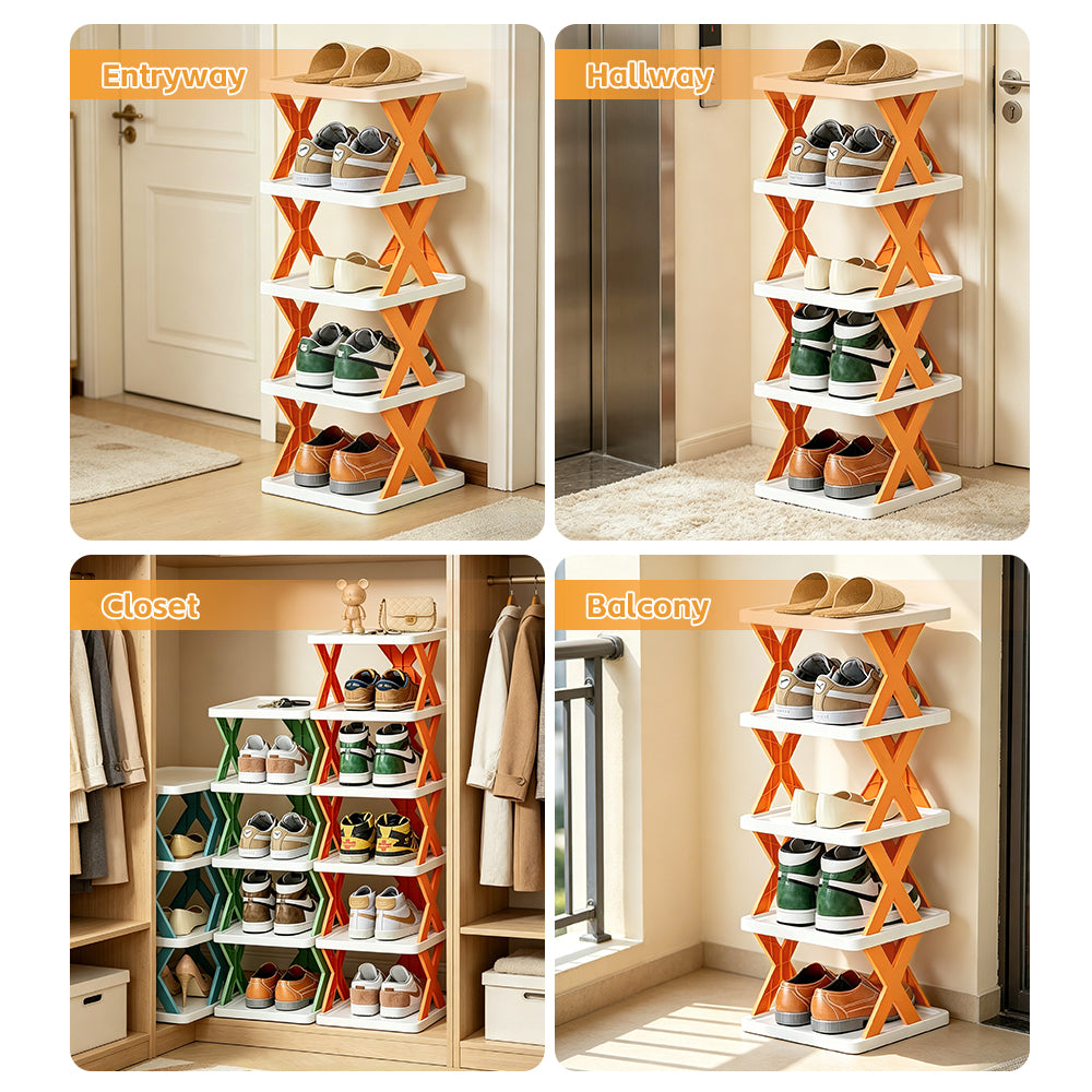 Four-panel collage showing a compact multi-tier shoe rack in different home settings: entryway, hallway, closet, and balcony. The rack has white shelves with orange X-shaped side supports and holds multiple pairs of shoes.