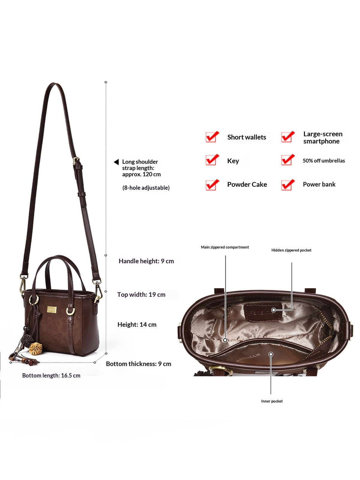 A brown leather shoulder bag shown on a white background with measurement labels and feature callouts. The image includes a full side view of the bag with strap, handle height, top width, height, and bottom thickness, plus an open-top view showing interior compartments.