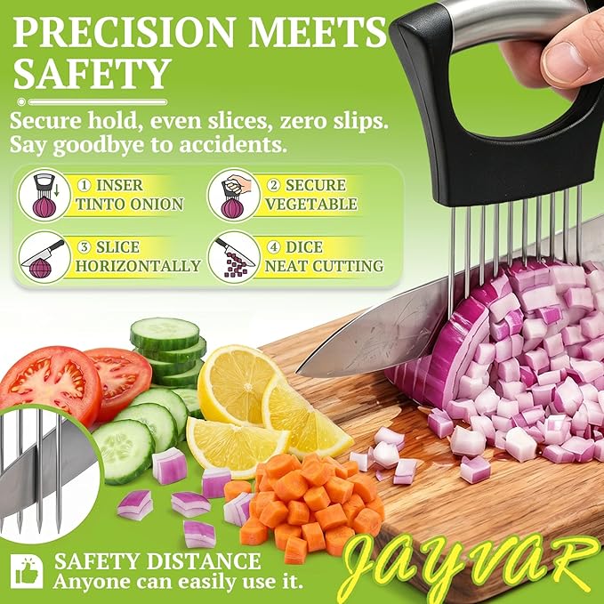 Vegetable chopper with sliced vegetables on a cutting board, promoting safety and ease of use.