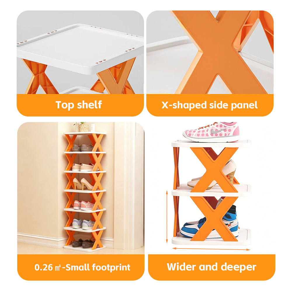 A product feature collage showing a white and orange X-shaped shoe rack. The top-left panel shows the top shelf, the top-right shows the orange X-shaped side panel detail, the bottom-left shows the rack holding several shoes in a narrow corner with text reading &