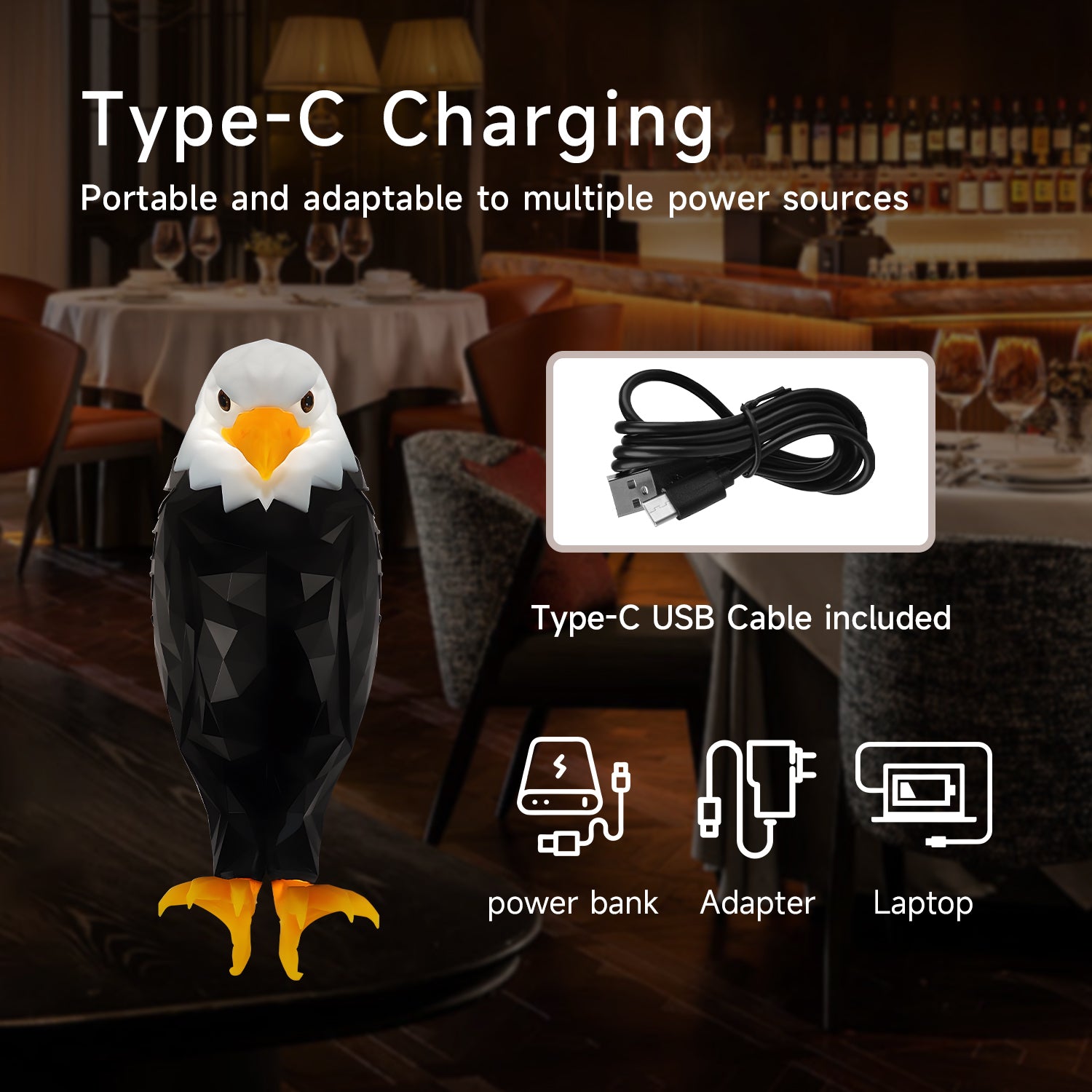 A promotional graphic for a portable power bank shaped like an eagle, shown in a dimly lit restaurant setting. The image includes text reading &