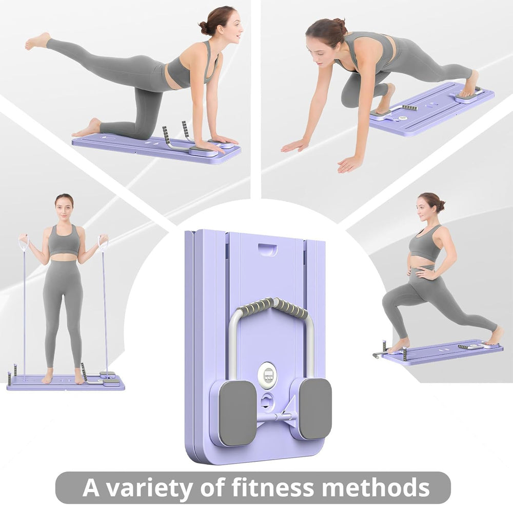 Woman performing various exercises on a purple fitness device with text &