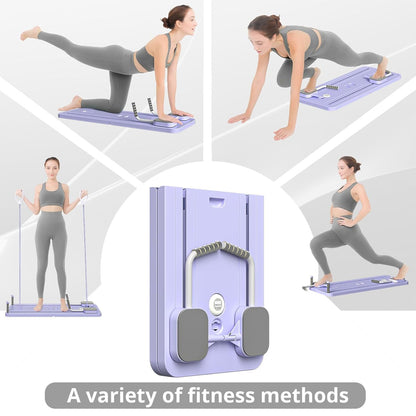 Woman performing various exercises on a purple fitness device with text &