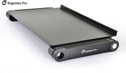 Ergonomics Pro black magnetic desk mat with a textured surface and a raised lip, shown on a white background with the Ergonomics Pro logo.