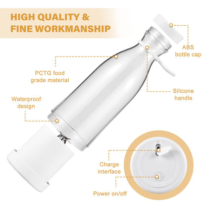 Clear bottle with white cap and handle, labeled features on a white background
