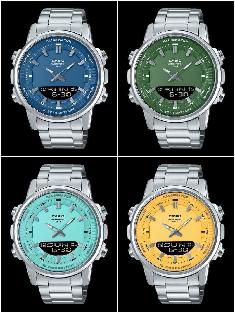 Four Casio watches with different colored faces on a black background