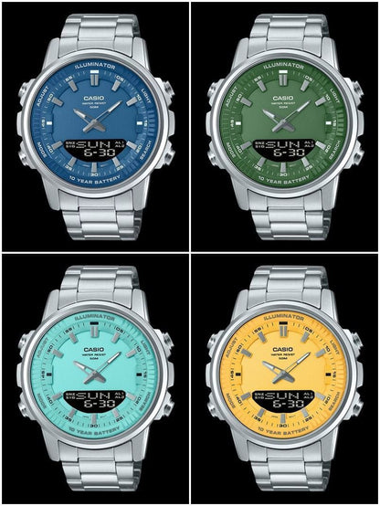 Four Casio watches with different colored faces on a black background