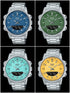 Four Casio watches with different colored faces on a black background