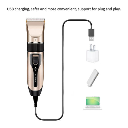 Hair clipper with USB charging cable and adapter on a white background