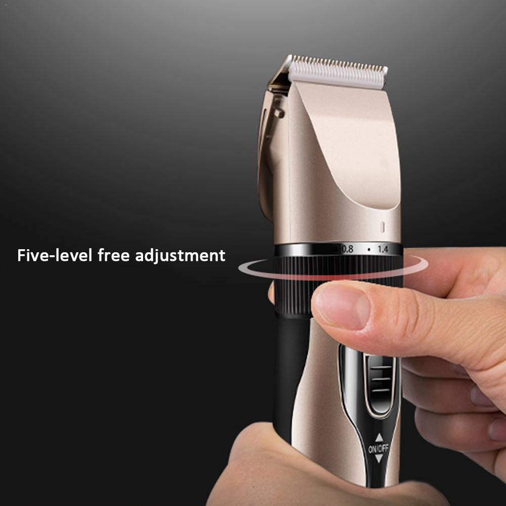 Hair clipper with five-level free adjustment feature on a dark background