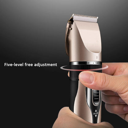 Hair clipper with five-level free adjustment feature on a dark background