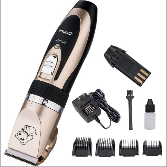 Pet grooming clipper set with attachments on a white background