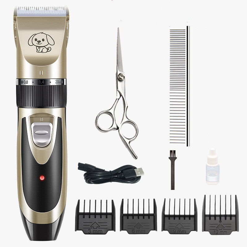 Pet grooming kit with clipper, scissors, comb, and attachments on a white background