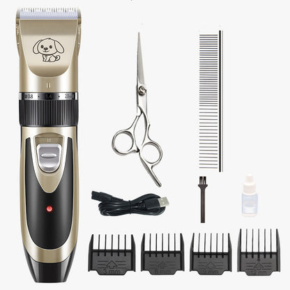 Pet grooming kit with clipper, scissors, comb, and attachments on a white background