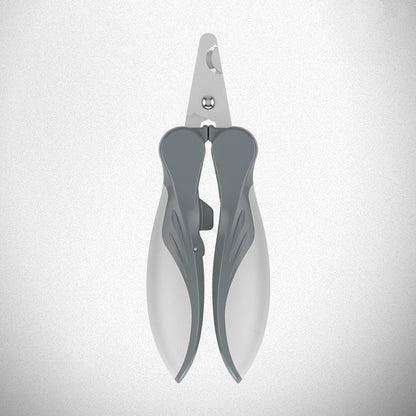 Gray pet nail clippers on a light gray background