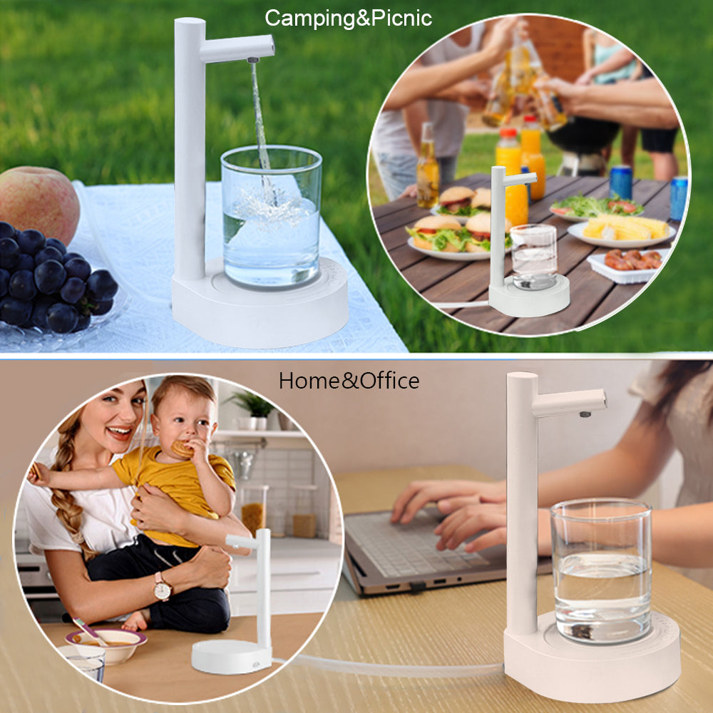 Collage of a water pump with a glass of water, people at a picnic, and a woman with a child in a home setting.