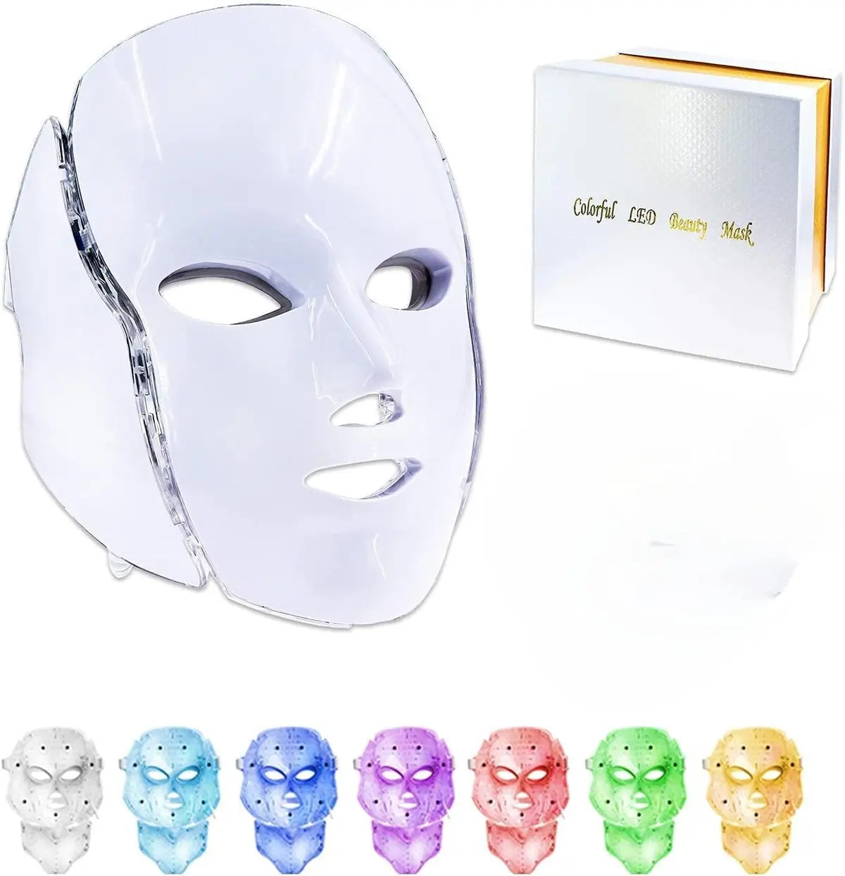 White LED beauty mask with colorful light options and packaging on a white background