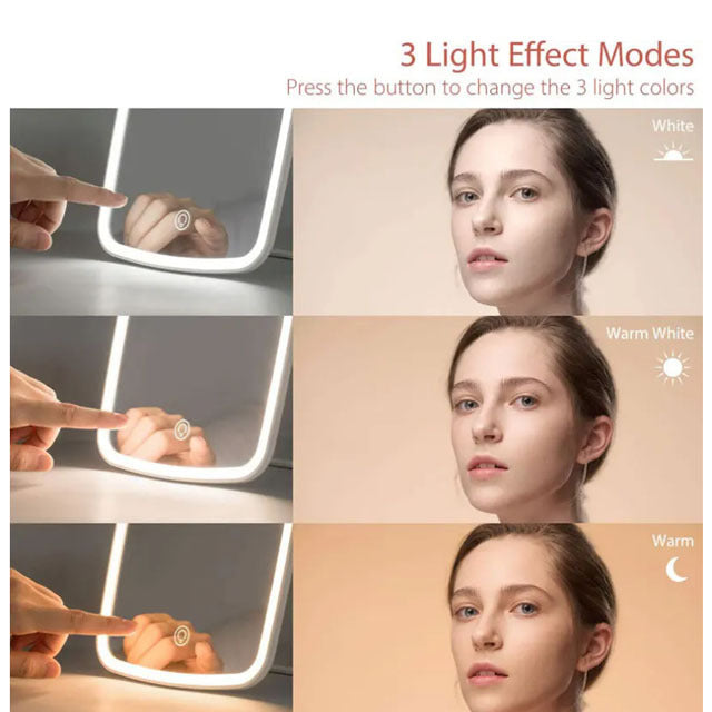 A product feature graphic showing a lighted mirror with a finger pressing a button to switch between three light effect modes: White, Warm White, and Warm White with a moon icon. The right side shows three close-up portrait views of a woman&