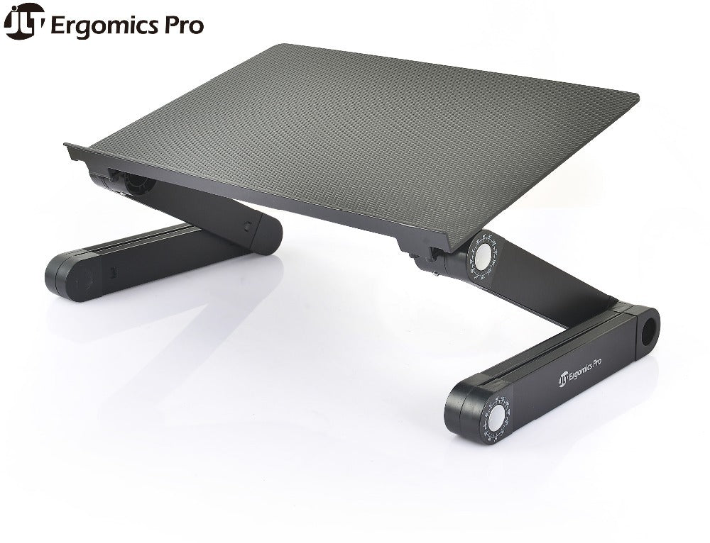 Ergonomic Pro laptop stand in black with a textured top surface, shown on a clean white background with a logo overlay in the top left corner.