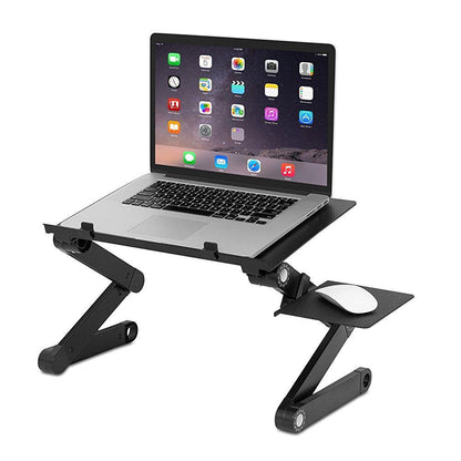 A black adjustable lap desk stand holding a silver laptop and a white mouse, shown on a plain white background.