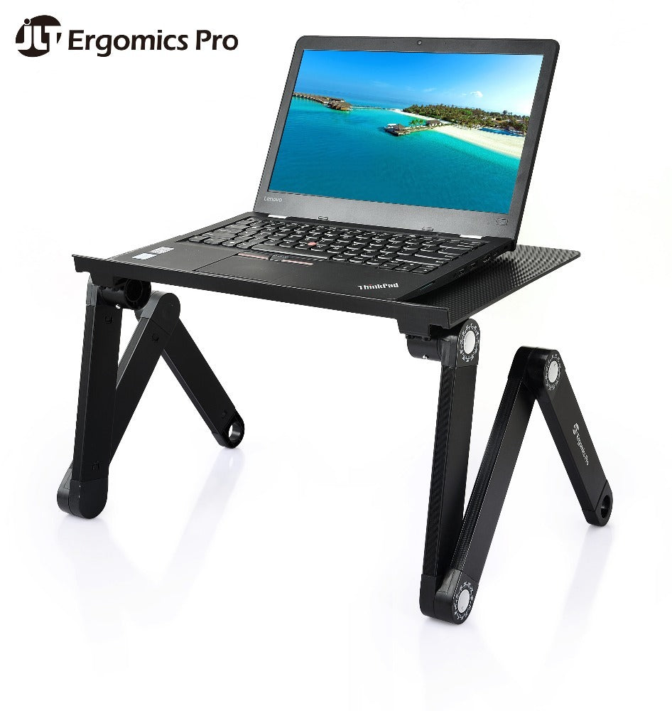 Black Ergometrics Pro folding laptop desk stand holding an open laptop on a clean white background.