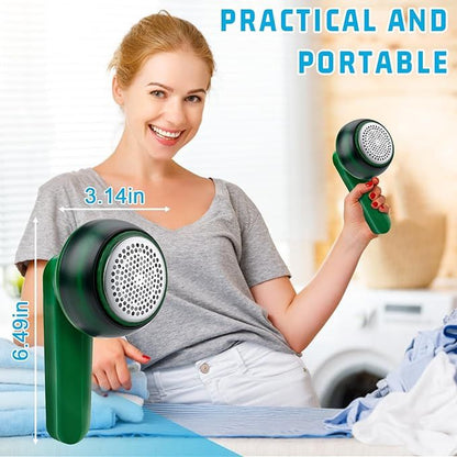 Woman holding a green handheld device with text &