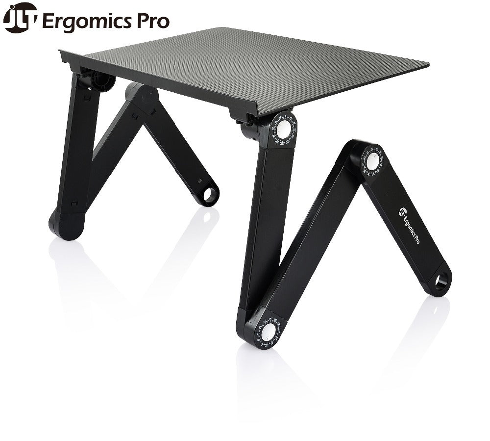 Black Ergometrics Pro folding laptop desk with a textured top surface and articulated legs, shown on a white background with a logo overlay in the top left.