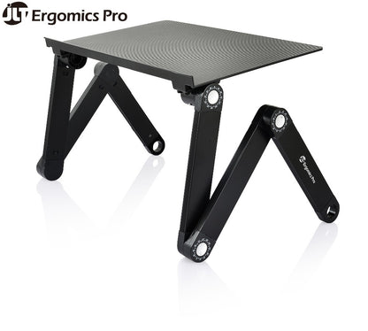 Black Ergometrics Pro folding laptop desk with a textured top surface and articulated legs, shown on a white background with a logo overlay in the top left.