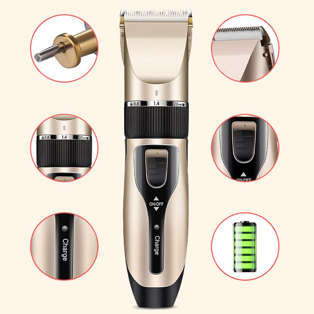 Hair trimmer with close-up insets on a beige background