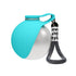 A spherical water bottle with a turquoise and silver color-blocked design, featuring a turquoise handle and a black-and-white woven carrying strap with partial text reading &