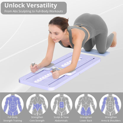 Woman using a workout mat for full-body exercises on a white floor.