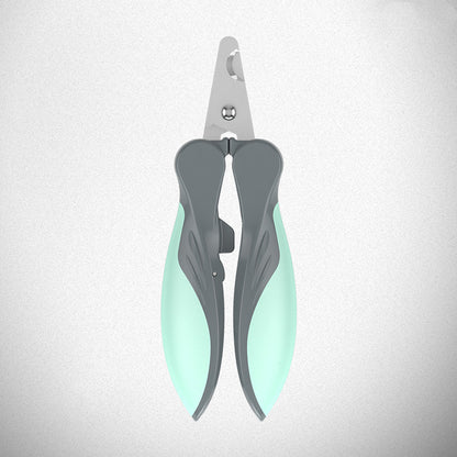 Pair of gray and green pet nail clippers on a light gray background