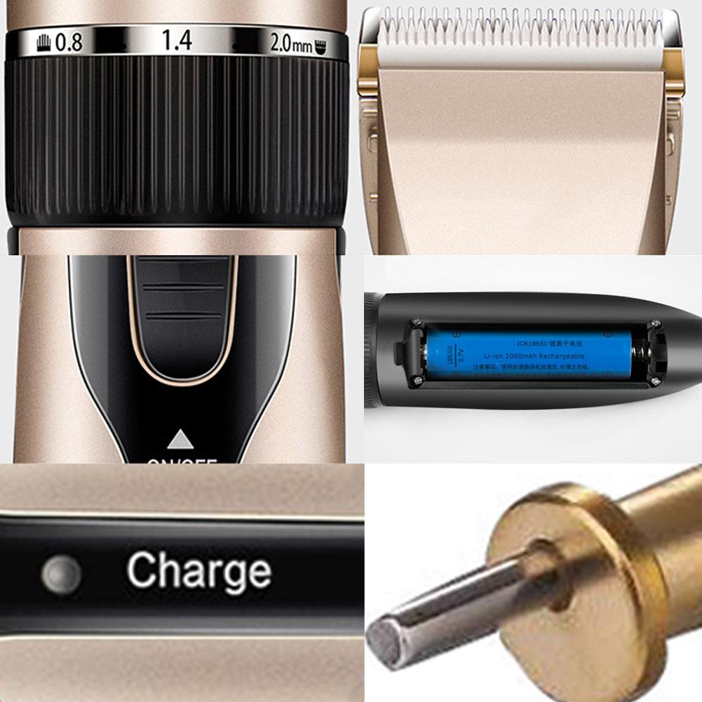 Collage of a hair trimmer with different parts and charging indicator.