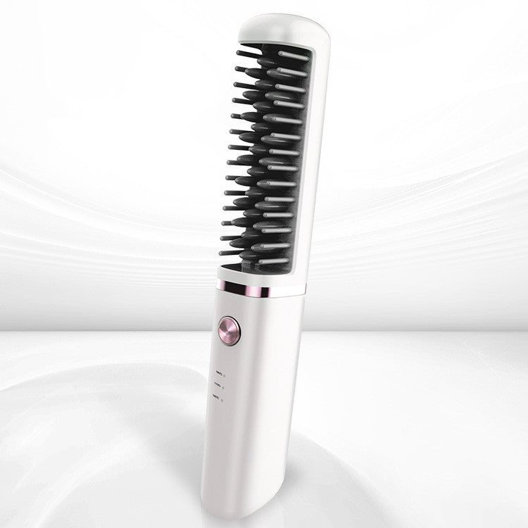 A white hair straightener brush with black bristles and a metallic rose gold power button, shown on a clean white background with subtle light waves.