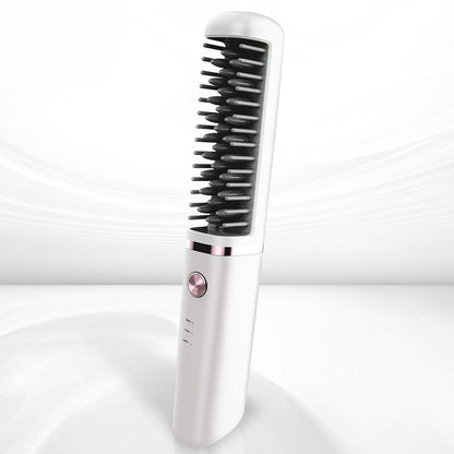 A white hair straightener brush with black bristles and a metallic rose gold power button, shown on a clean white background with subtle light waves.