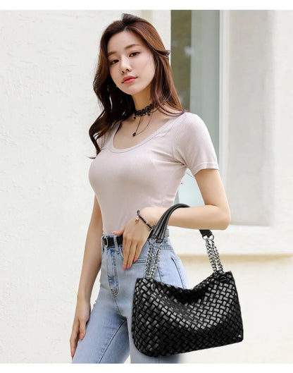 Luxury Woven PU Leather Tote &amp; Chain Shoulder Bag for Women